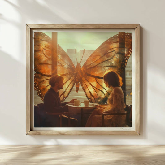 Ein verliebtes Paar sitzt in einem Café vor einem großen, leuchtenden Schmetterlingsfenster, Sonnenstrahlen und flatternde Blätter sorgen für eine märchenhafte Stimmung.. Rahmen natur 30x30