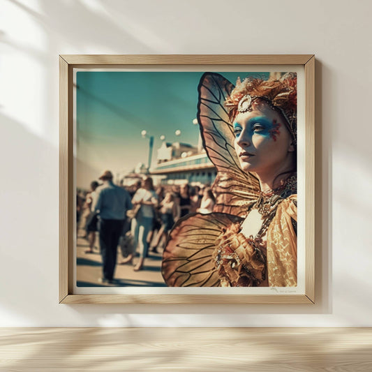 Frau in aufwändigem goldenen Schmetterlingskostüm mit leuchtenden Flügeln und blauer Gesichtsbemalung, auf einem belebten Festival.. Rahmen natur 30x30