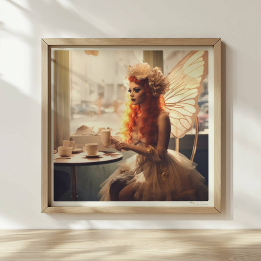 Ein Paar mit Schmetterlingsflügeln sitzt in einem Café, beide in fantasievollen Kostümen mit zarten Flügeln, verträumte Szene.. Rahmen natur 30x30