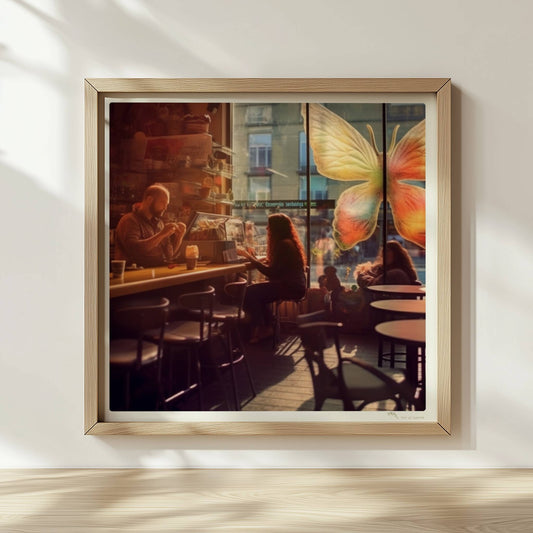 Stimmungsvolles Café mit großer, bunter Schmetterlingskunst am Fenster, entspannte Gäste im Gegenlicht.. Rahmen natur 30x30