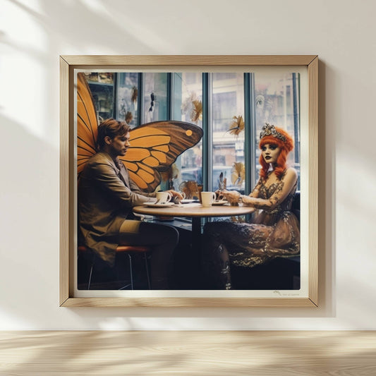 Fantasiehaftes Paar mit großen orangefarbenen Schmetterlingsflügeln sitzt in einem stilvollen Café am Fenster, genießt Kaffee.. Rahmen natur 30x30