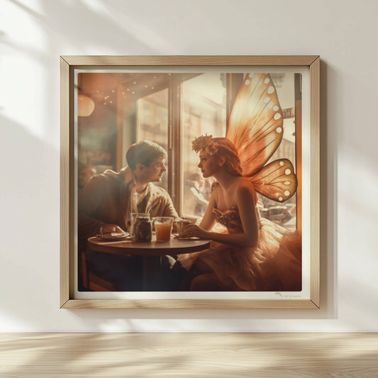 Ein verliebtes Paar sitzt in einem stimmungsvollen Café, die Frau trägt ein Feenkostüm mit großen, leuchtenden Schmetterlingsflügeln, romantische Lichtstimmung.. Rahmen natur 30x30