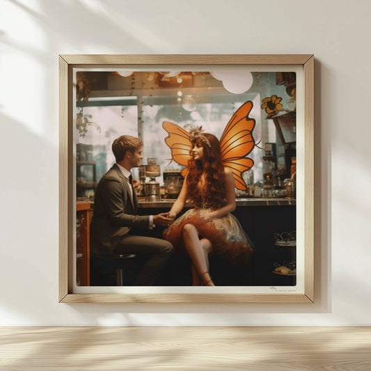 Ein elegantes Paar im Café, die Frau trägt ein detailreiches Feenkostüm mit orangefarbenen Schmetterlingsflügeln, verträumte Atmosphäre.. Rahmen natur 30x30