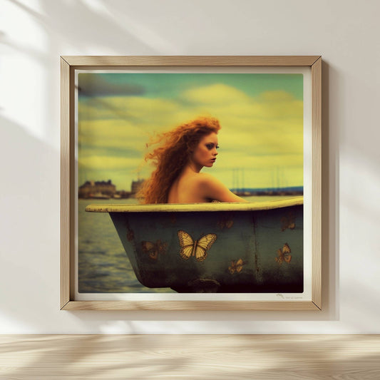 Eine rothaarige Frau sitzt verträumt in einer alten Badewanne mit Schmetterlingsmotiven am Wasser, surreal und märchenhaft.. Rahmen natur 30x30
