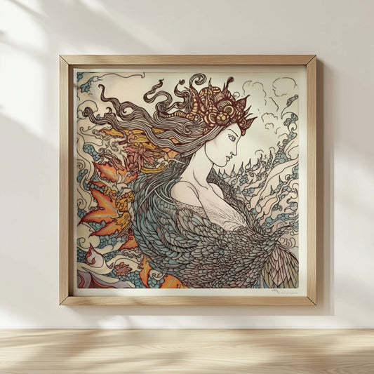 Eine phantasievolle Zeichnung einer Frau mit fließendem Haar, die sich in einen mythischen Phönix verwandelt. Kunstvoll und detailreich.. Rahmen natur 30x30