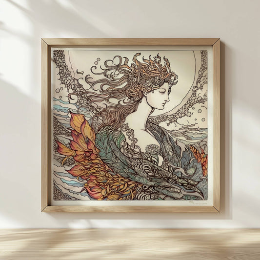 Porträt einer Frau mit fließendem Haar, umgeben von Wellen und phönixartigen Flammen, kunstvoll und mythisch illustriert.. Rahmen natur 30x30