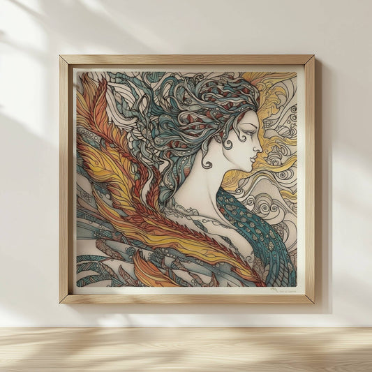 Porträt einer schönen Nymphe mit ornamentalen Flammenfedern, fließendem Haar und künstlerischem Jugendstil-Muster, inspiriert von Phönix und Natur.. Rahmen natur 30x30
