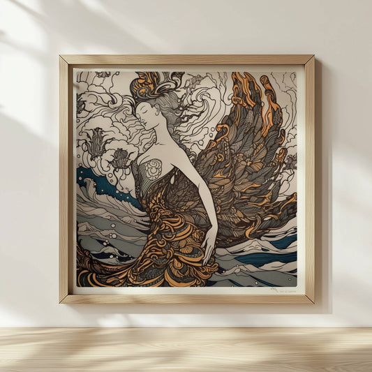 Künstlerische Darstellung einer Frau mit phönixartigen Federn, die sich in den Wellen des Ozeans verwandelt. Jugendstil-Muster und dynamische Linien.. Rahmen natur 30x30