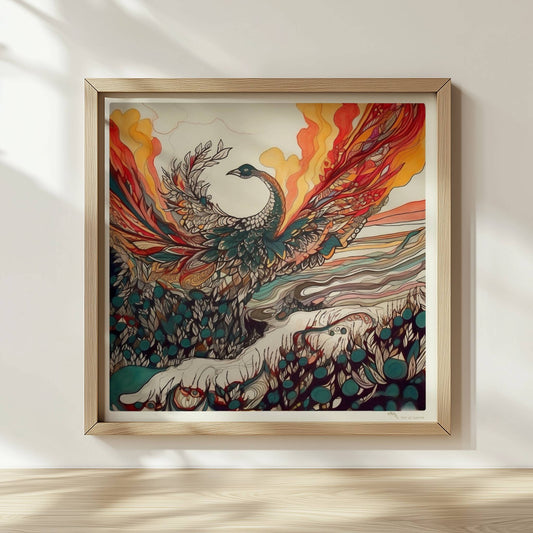 Phönix erhebt sich mit ausgebreiteten Flügeln aus dem Ozean, in farbenfrohen Jugendstil-Linien und dynamischen Formen, umgeben von Feuer und Wellen.. Rahmen natur 30x30