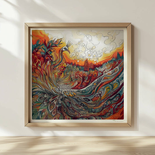 Farbenfroher Phönix mit kunstvoll geschwungenen Federn, Flammen und Ornamenten in lebendigem Jugendstil, mit märchenhafter Landschaft im Hintergrund.. Rahmen natur 30x30