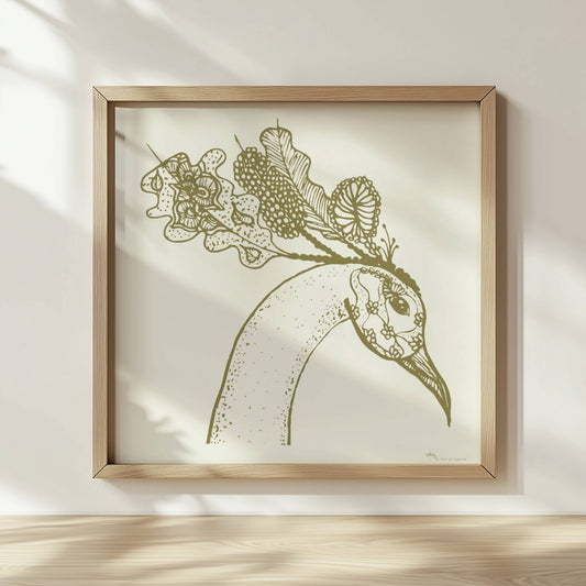 Schwarz-weiß Illustration eines Phönixkopfes mit kunstvollen Mustern und Details in hoher Auflösung, Posterkunst, Wanddekoration. Rahmen natur 30x30