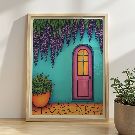 Türkisfarbene Haustür mit Bogen und üppiger hängender lila Wisteria, mediterraner Hausflair, detailreiche Fassadendekoration, hochwertige Architekturposter. Rahmen natur 30x40