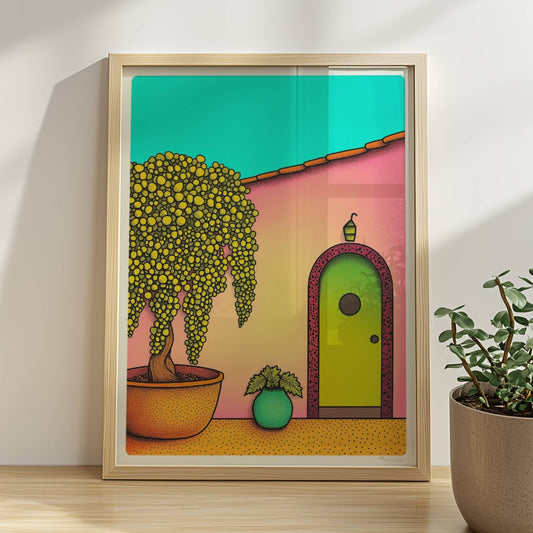 Pastellfarbene Haustür mit Bogen, mediterraner Hof mit großem gelbem Baum im Topf und dekorativen Pflanzen, Urlaubsszene mit Hausfassade. Rahmen natur 30x40