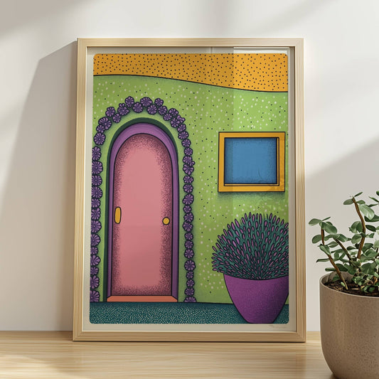 Grüne Fassade mit rosa Haustür, Blumenrahmen und lila Pflanze im Topf – farbenfrohes Reisemotiv mit mediterranem Flair. Rahmen natur 30x40