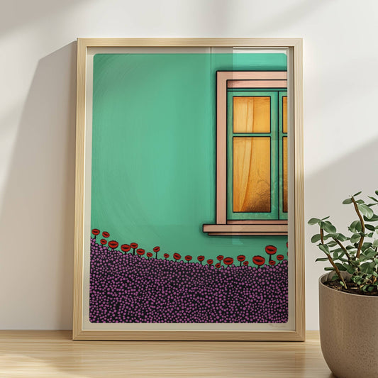 Türkise Hausfassade mit Fenster, gelben Vorhängen und üppiger Blumenwiese im Vordergrund – farbenfrohes Postkartenmotiv. Rahmen natur 30x40