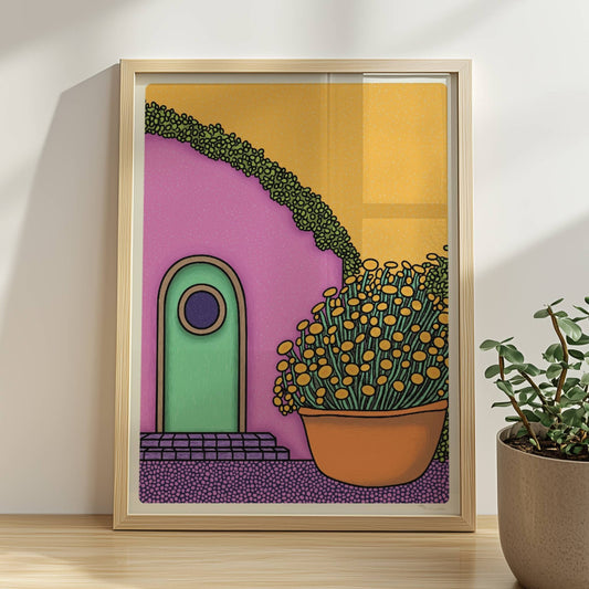 Pastellfarbene Fassade mit grüner Tür und rundem Fenster, umgeben von Ranken und großem Blumentopf – mediterranes Urlaubsarchitektur-Motiv. Rahmen natur 30x40