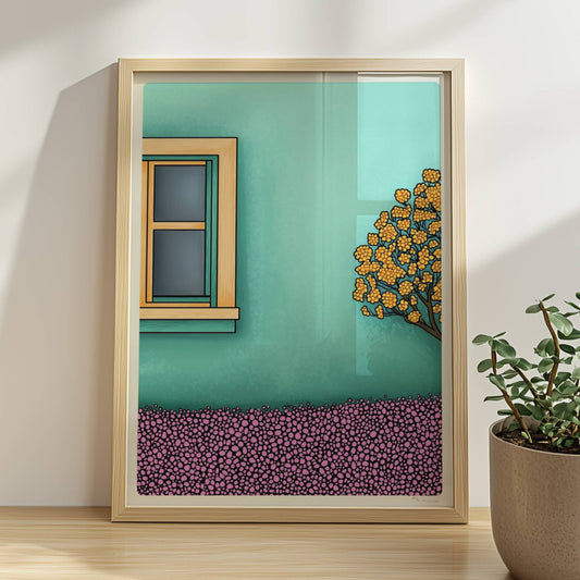 Türkisfarbene Fassade mit hellem Fensterrahmen, blühender Baum und bunte Blumenwiese – idyllisches Urlaubsfassaden-Motiv. Rahmen natur 30x40