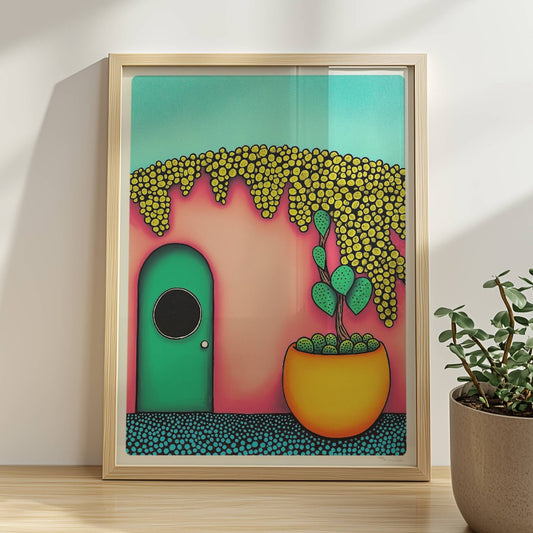 Türkise Haustür mit rundem Fenster, pinkfarbener Wand, üppigem gelbem Blütendach und großem Kaktus im Terrakotta?Topf – Pop?Art, fröhliche mediterrane Fassade.. Rahmen natur 30x40