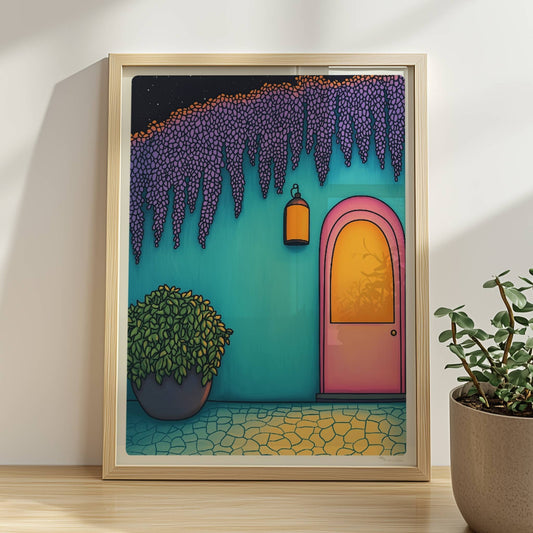 Pinkfarbene Haustür mit Laterne bei Nacht, türkisfarbener Wand, üppiger lila Wisteria und Topfpflanze – mediterraner Ferienstil, stimmungsvolle Farben.. Rahmen natur 30x40