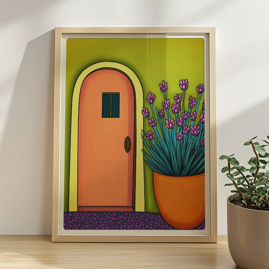 Orangenfarbene Haustür mit gelbem Bogen, grüner Wand und üppigem Lavendel im Topf – sonnige mediterrane Architektur im Illustrationsstil.. Rahmen natur 30x40