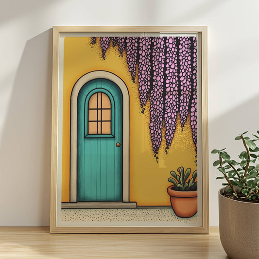 Türkisfarbene Haustür mit Bogen, gelber Wand, lila Wisteria und Topfpflanze – mediterraner Urlaubsflair, klare Linien und satte Farben.. Rahmen natur 30x40