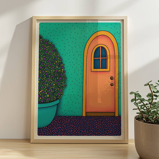 Orangefarbene Haustür mit gelbem Bogenrahmen, türkisfarbener Wand und großem rundem Blumentopf – dekorative mediterrane Fassadenkunst.. Rahmen natur 30x40