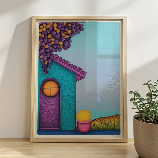 Türkise Hausfassade mit runder lila Tür, hängenden roten Trauben und gelbem Blumentopf – fröhliches mediterranes Urlaubsmotiv.. Rahmen natur 30x40