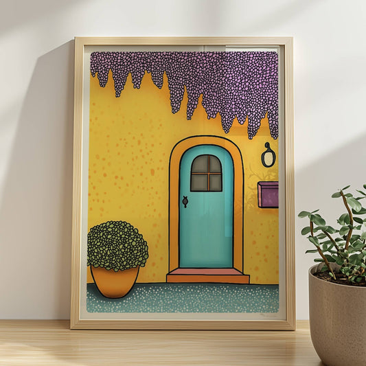 Gelbe Hausfassade mit türkiser Tür, hängender lila Wisteria und orangem Blumentopf – mediterrane Ferienarchitektur, heitere Stimmung.. Rahmen natur 30x40