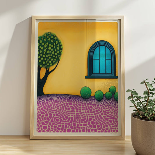 Gelbe Fassade mit blauem Bogenfenster, Baum und Mosaikboden – mediterranes Innenhofmotiv in klaren Farben und dekorativer Optik.. Rahmen natur 30x40