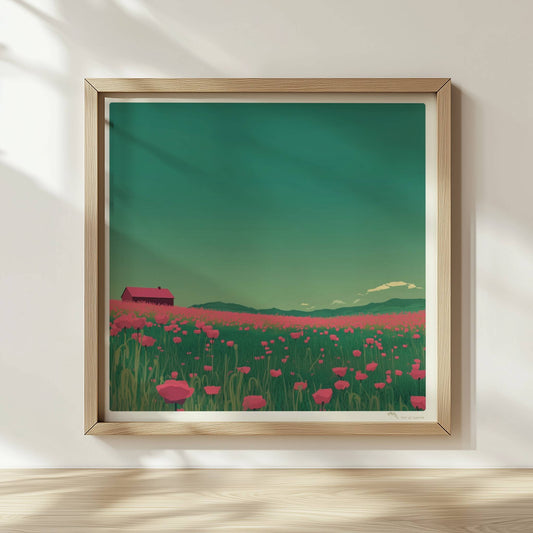 Weites Feld mit roten Mohnblumen und einsamer Scheune unter grünem Himmel – idyllische Landschaft, verträumte Stimmung.. Rahmen natur 30x30