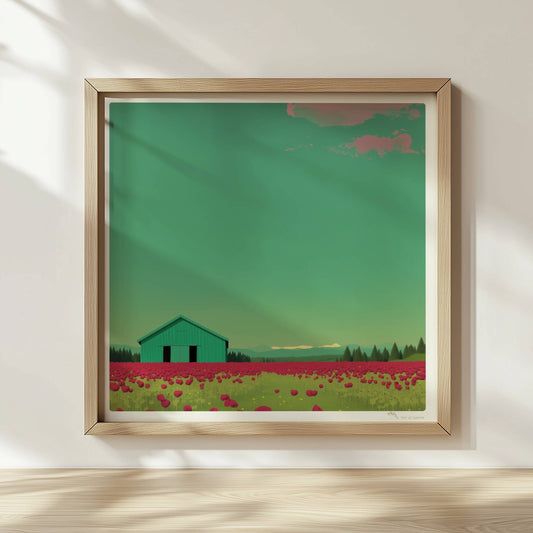 Grüne Scheune vor einem weiten Mohnblumenfeld mit rosa Wolken – friedliche Landschaft in warmen Tönen.. Rahmen natur 30x30