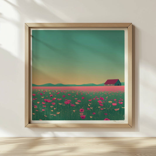 Weite Wiese mit pinken Mohnblumen und einsamer Scheune vor sanft gelbem Abendhimmel – romantische Landschaft.. Rahmen natur 30x30
