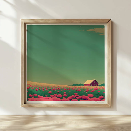 Romantische Wiese mit pinken Mohnblumen und roter Scheune unter weitem Himmel – friedliche, farbige Landschaftsillustration.. Rahmen natur 30x30