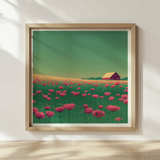 Blühende Mohnwiese mit roter Scheune im Hintergrund unter grünem Himmel – lebendige, idyllische Landschaft.. Rahmen natur 30x30