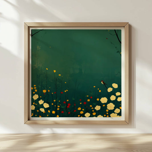 Romantische Wildblumenwiese mit weißen, gelben und roten Blüten, Vogel auf Blütenstiel, tiefgrüner Hintergrund – poetische Naturillustration.. Rahmen natur 30x30