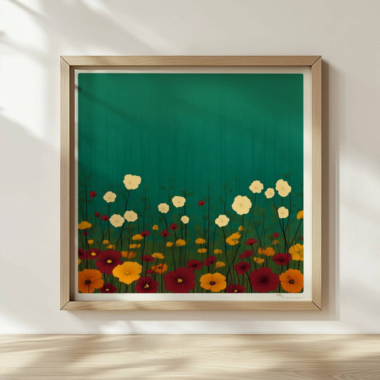 Minimalistische Wildblumenwiese mit weißen, gelben und roten Blüten vor tiefgrün?türkisem Hintergrund – ruhige Naturillustration.. Rahmen natur 30x30
