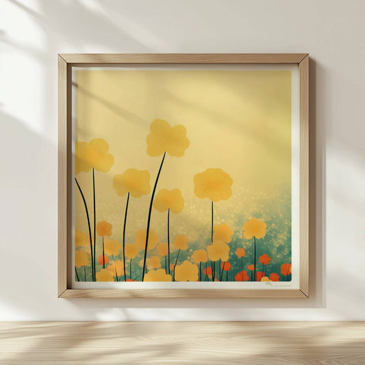 Goldene und orangefarbene Wildblumen ragen hoch in den Himmel, sanfter Bokeh?Hintergrund in warmem Licht – harmonische Naturkunst.. Rahmen natur 30x30