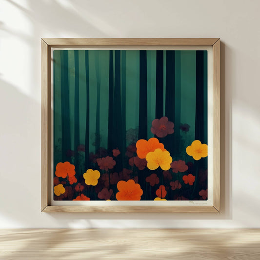 Leuchtend orangefarbene und gelbe Blumen vor tiefgrünem Waldhintergrund – starke Kontraste und natürliche Schönheit.. Rahmen natur 30x30