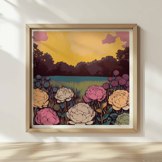 Bunte Blumenwiese mit weißen, rosa und gelben Blüten vor leuchtendem Sonnenuntergang und Wald – lebhafte Naturstimmung.. Rahmen natur 30x30