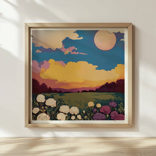 Blumenwiese mit üppigen weißen, violetten und rosa Blüten unter dramatischem Sonnenuntergang und großem Mond – magische Landschaft.. Rahmen natur 30x30