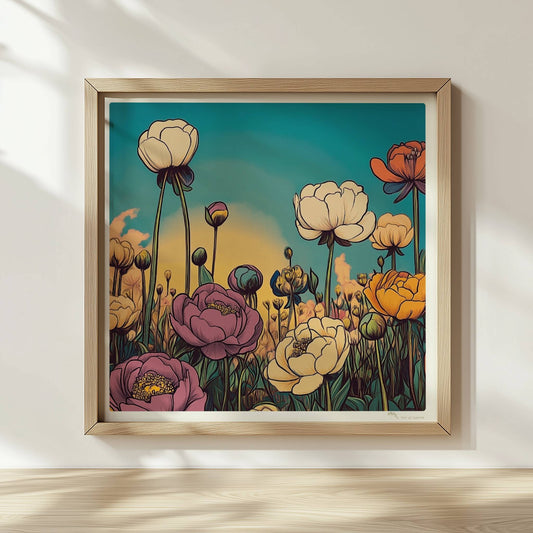 Pfingstrosenblüten in Nahaufnahme vor warmem orangefarbenem Himmel, umgeben von üppigem Grün und pastellfarbenen Wolken – stimmungsvolle Naturkunst.. Rahmen natur 30x30