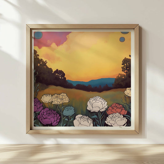 Pfingstrosen in voller Blüte vor dramatischem Sonnenuntergang mit pinkfarbenen Wolken und tiefgrünem Feld – kraftvolle Naturillustration.. Rahmen natur 30x30