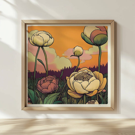 Pfingstrosen in Nahaufnahme mit zarten Pastellfarben vor goldenem Sonnenuntergang und malerischem Himmel – elegante Blumenillustration.. Rahmen natur 30x30