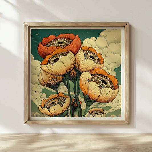 Gigantische Mohnblumen in warmen Orange? und Cremetönen vor surrealem Himmel mit Wolken und weiter Landschaft – ausdrucksstarke Naturkunst.. Rahmen natur 30x30