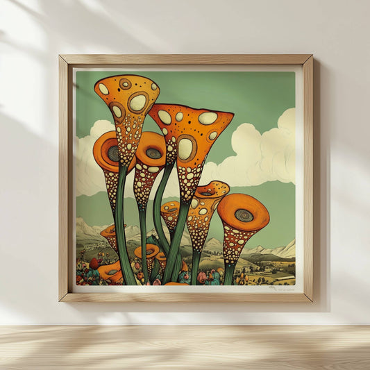 Fantastische orangefarbene trompetenförmige Blüten mit weißen Punkten, die aus einer bunten Wildblumenwiese vor einer Berglandschaft und blauem Himmel herausragen – surrealistische Naturillustration.. Rahmen natur 30x30
