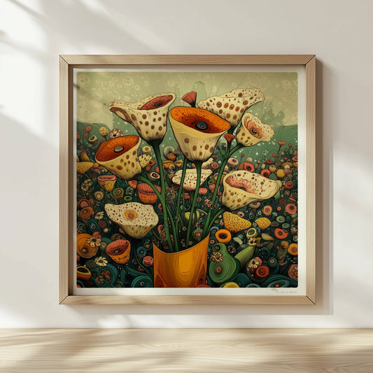 Zarte cremefarbene und orangefarbene Trompetenblüten mit feinen Punkten in einem orangefarbenen Topf, umgeben von einer üppigen Wildblumenwiese – detailreiche, fantasievolle Naturillustration.. Rahmen natur 30x30