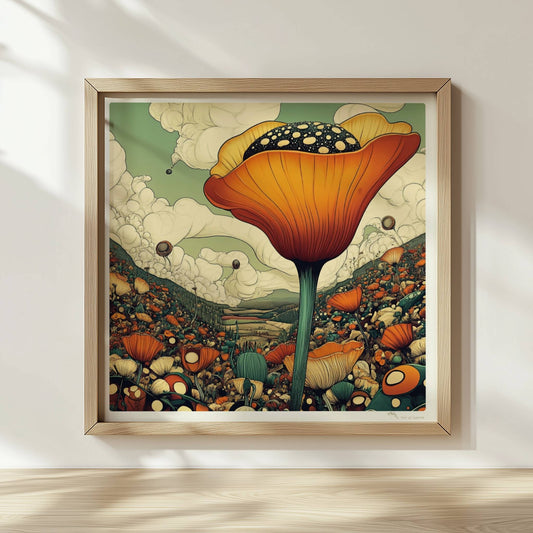 Überdimensionale orangefarbene Blüte mit gepunktetem Samenstand erhebt sich aus einer bunten Wildblumenwiese vor Bergen und dramatischem Wolkenhimmel – spektakuläre Naturillustration.. Rahmen natur 30x30