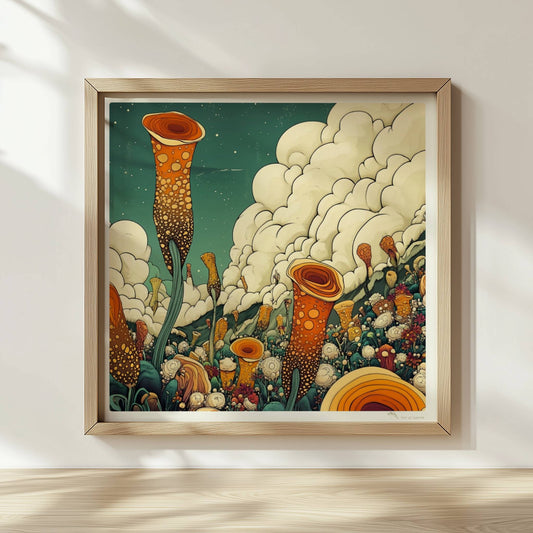 Große orangefarbene Blüten, inspiriert von Mohnblumen und Pfingstrosen, ragen aus einer detailreichen Wildblumenwiese mit vielen Blumenarten vor Bergen und dramatischem Wolkenhimmel – kunstvolle Flower Arts Illustration.. Rahmen natur 30x30