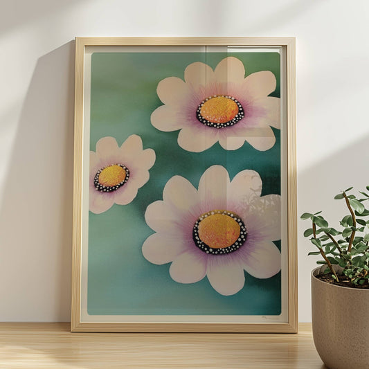 Zarte weiße und rosa Blüten mit leuchtend gelben Zentren auf einem weichen türkisfarbenen Hintergrund – minimalistische Flower Arts Illustration.. Rahmen natur 30x40