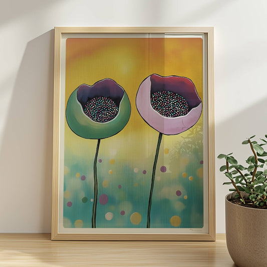 Abstrakte Darstellung von zwei Mohnblumenknospen in Grün und Rosa mit bunten Punkten im Inneren auf einem gelb-blau verlaufenden Hintergrund – moderne Flower Arts Illustration.. Rahmen natur 30x40
